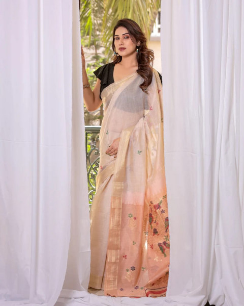 Image of Beige Pink Premium Soft Muga Cotton Resham Zari Weaved All Over Saree