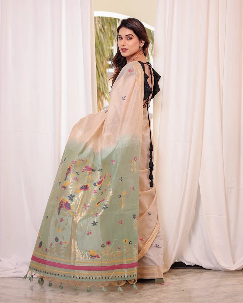 Beige Olive Green Premium Soft Muga Cotton Resham Zari Weaved All Over Saree