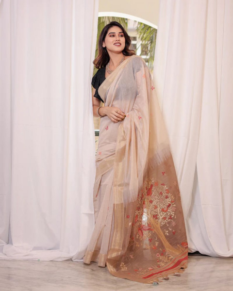 Image of Beige Coffee Premium Soft Muga Cotton Resham Zari Weaved All Over Saree