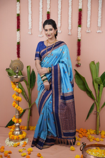 Image of Sky Blue Banarasi Silk Zari Weaved Rich Woven Contrast Pallu Narayan Border Saree