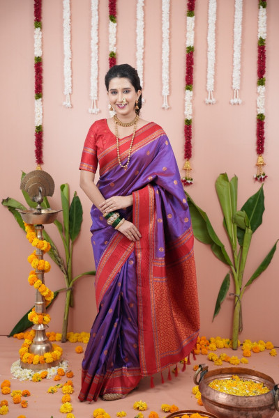 Image of Dark Lavender Banarasi Silk Zari Weaved Rich Woven Contrast Pallu Narayan Border Saree