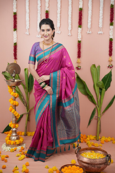 Image of Magenta Banarasi Silk Zari Weaved Rich Woven Contrast Pallu Narayan Border Saree