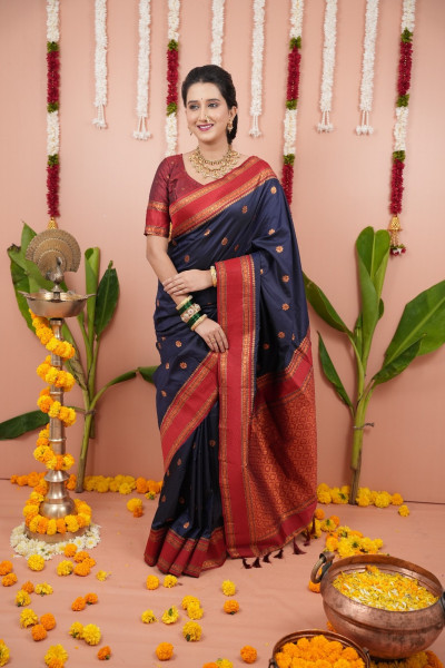 Image of Navy Blue Banarasi Silk Zari Weaved Rich Woven Contrast Pallu Narayan Border Saree