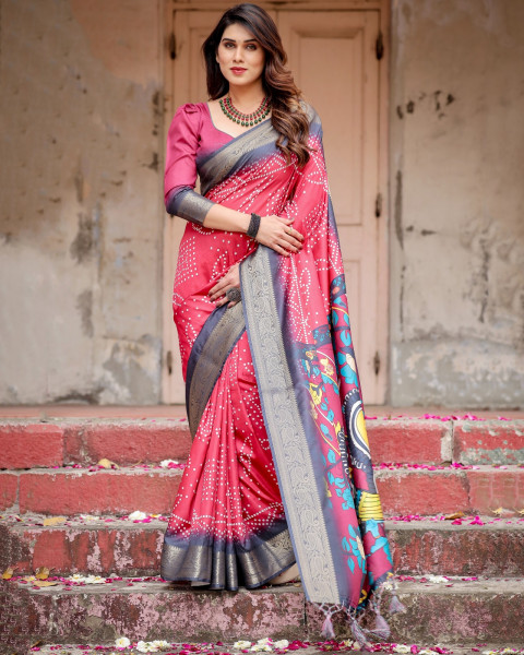 Image of Red Premium Tussar Silk Bandhani Digital Printed All Over With Zari Border Saree