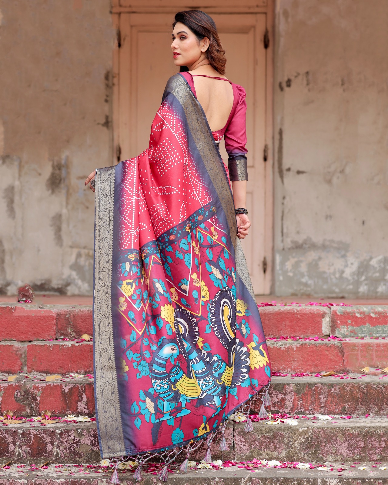 Red Premium Tussar Silk Bandhani Digital Printed All Over With Zari Border Saree
