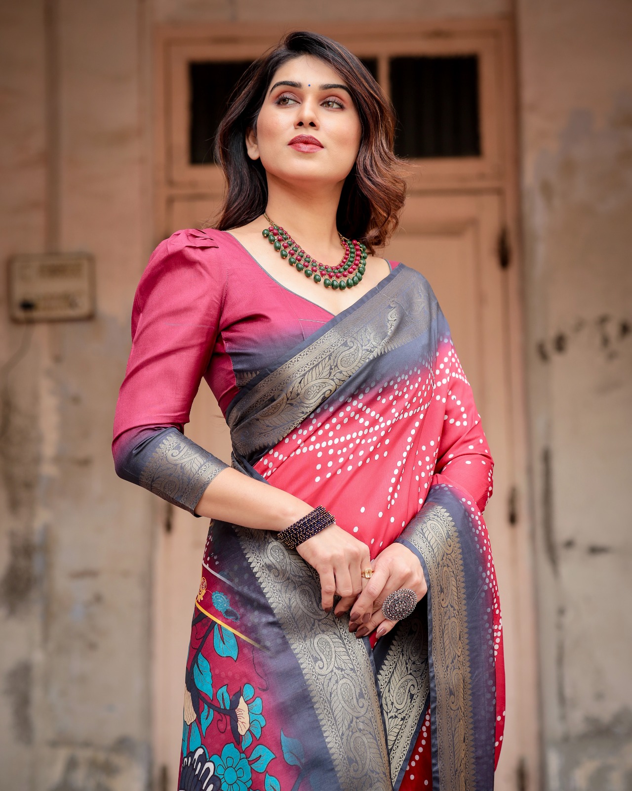 Red Premium Tussar Silk Bandhani Digital Printed All Over With Zari Border Saree