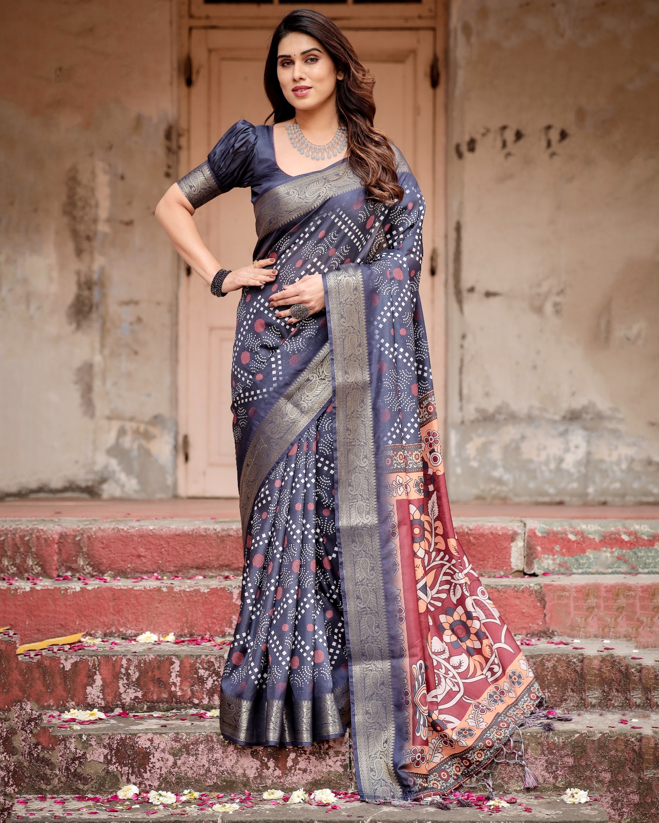 Gray Premium Tussar Silk Bandhani Digital Printed All Over With Zari Border Saree