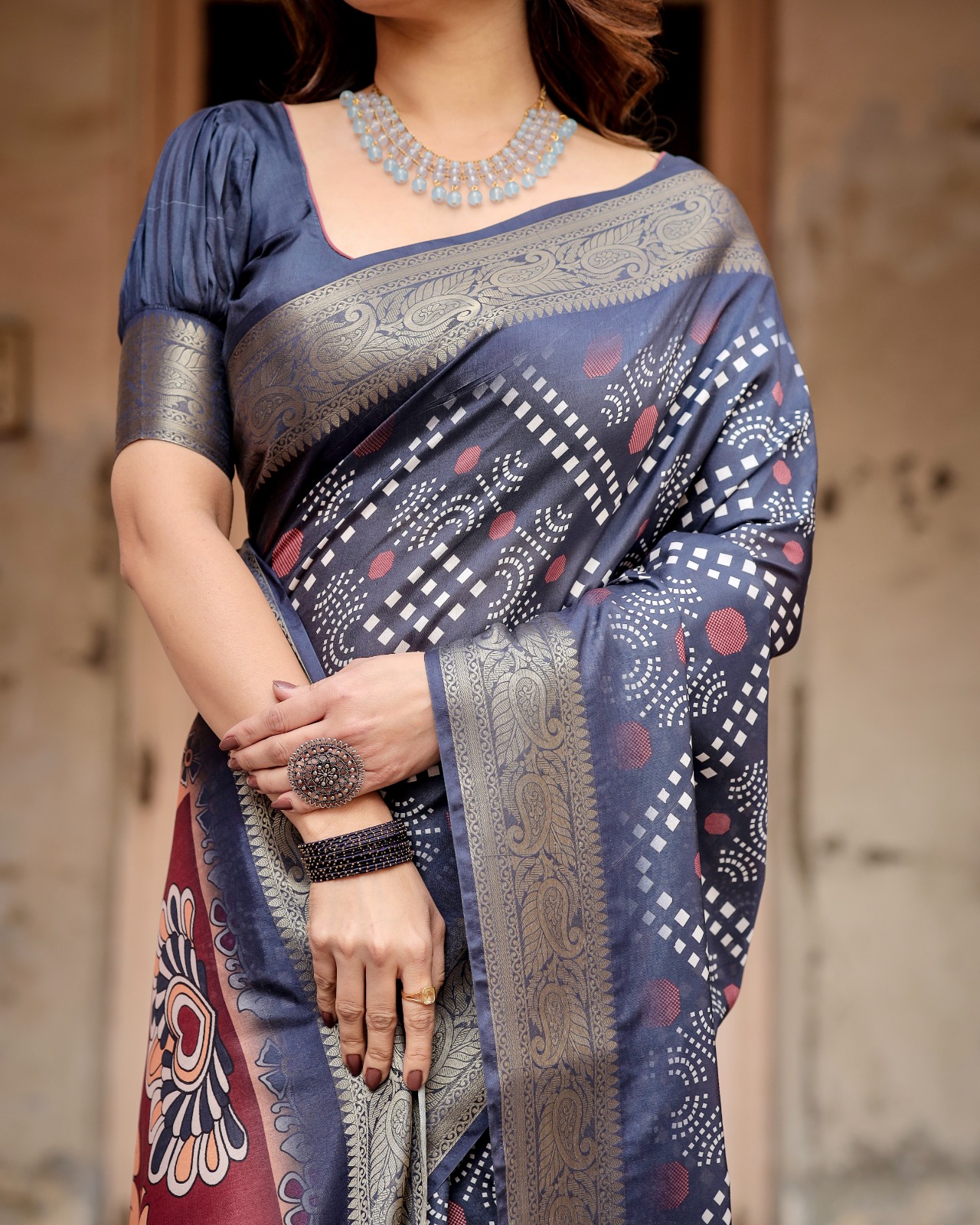 Gray Premium Tussar Silk Bandhani Digital Printed All Over With Zari Border Saree