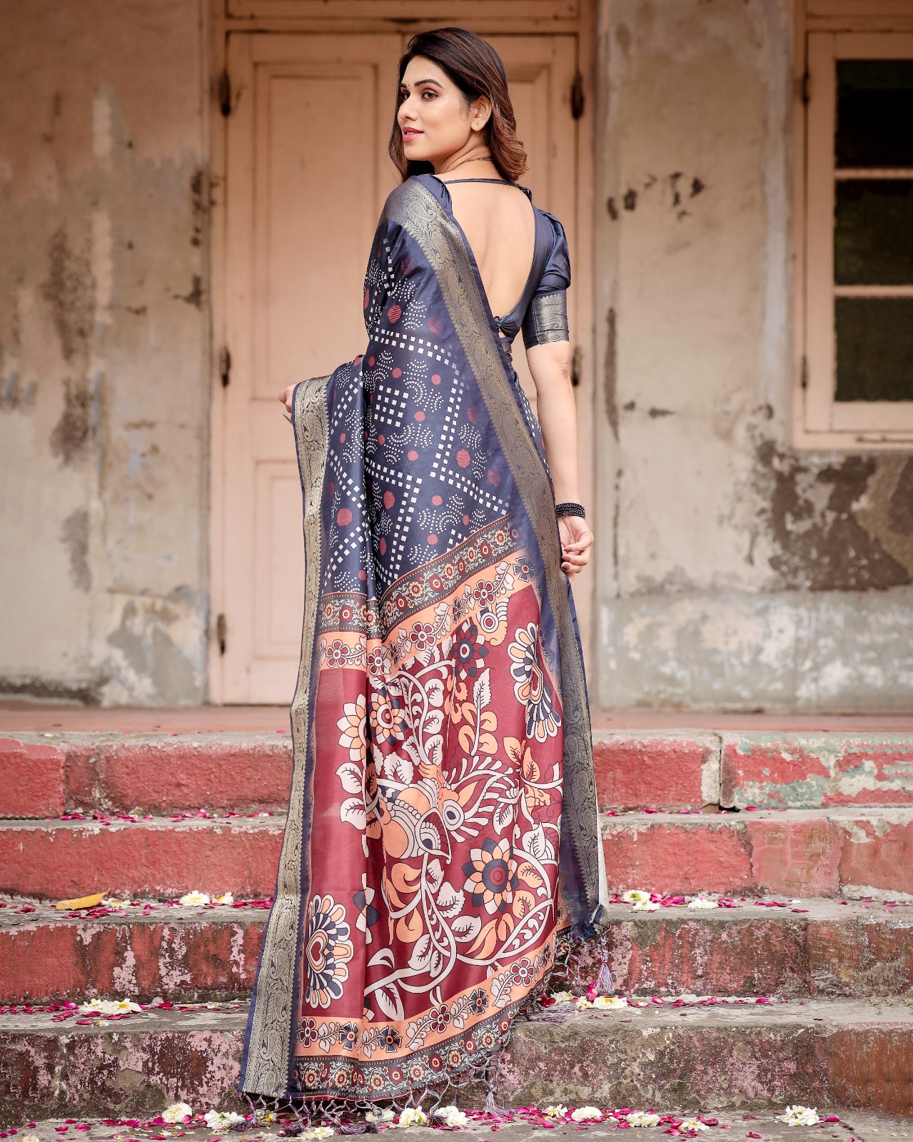 Gray Premium Tussar Silk Bandhani Digital Printed All Over With Zari Border Saree