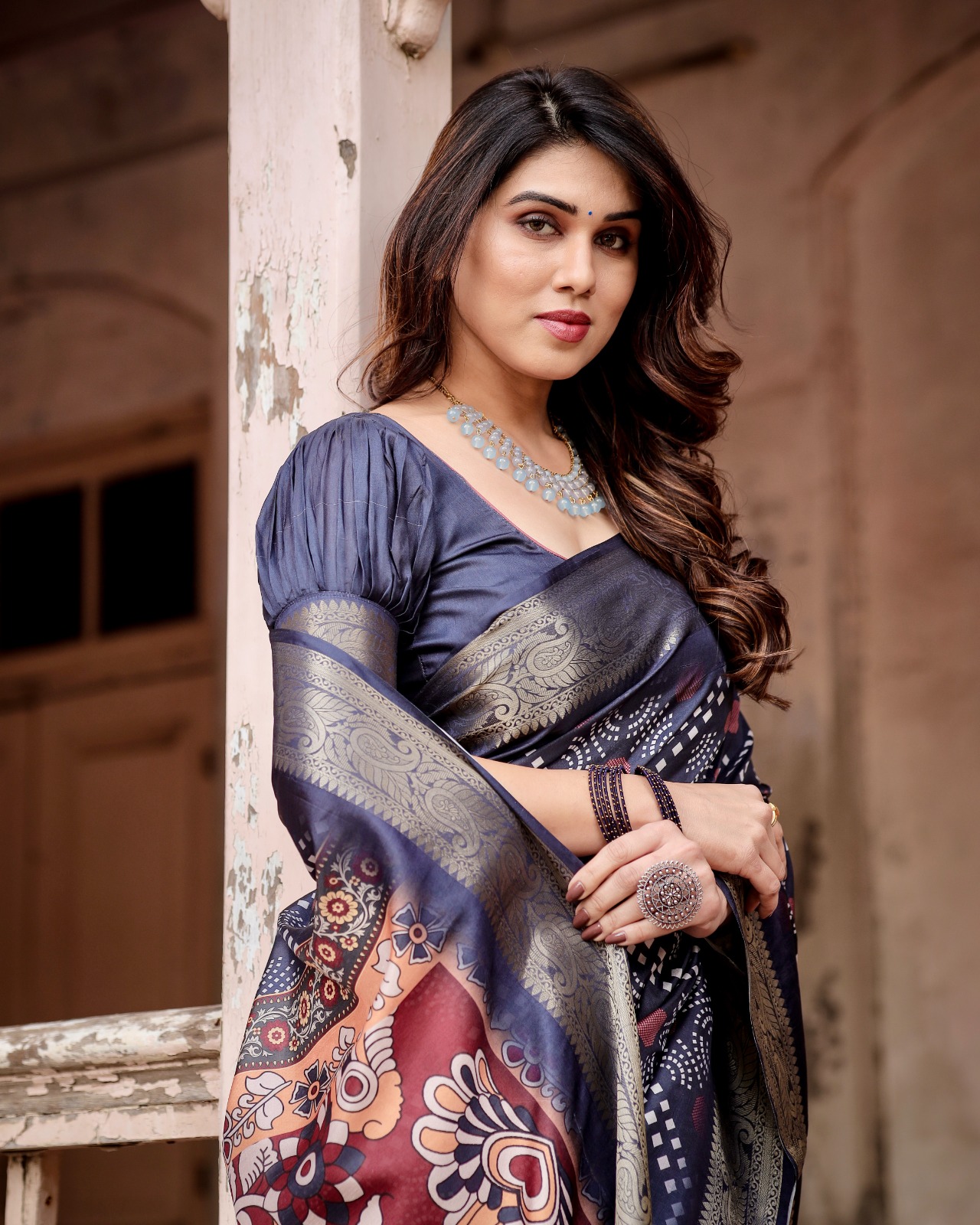Gray Premium Tussar Silk Bandhani Digital Printed All Over With Zari Border Saree
