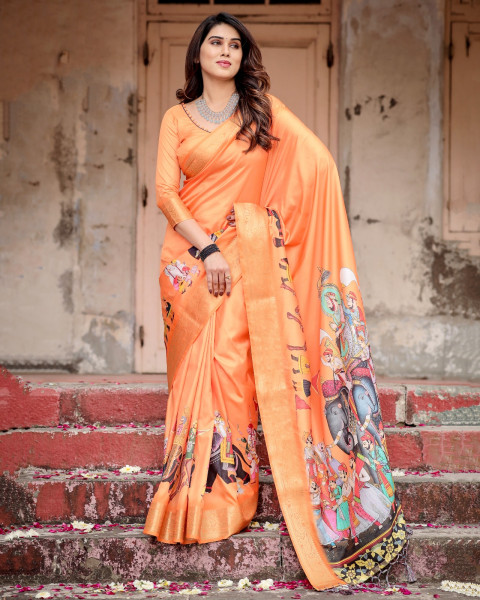 Image of Orange Premium Tussar Silk Bandhani Digital Printed All Over With Zari Border Saree