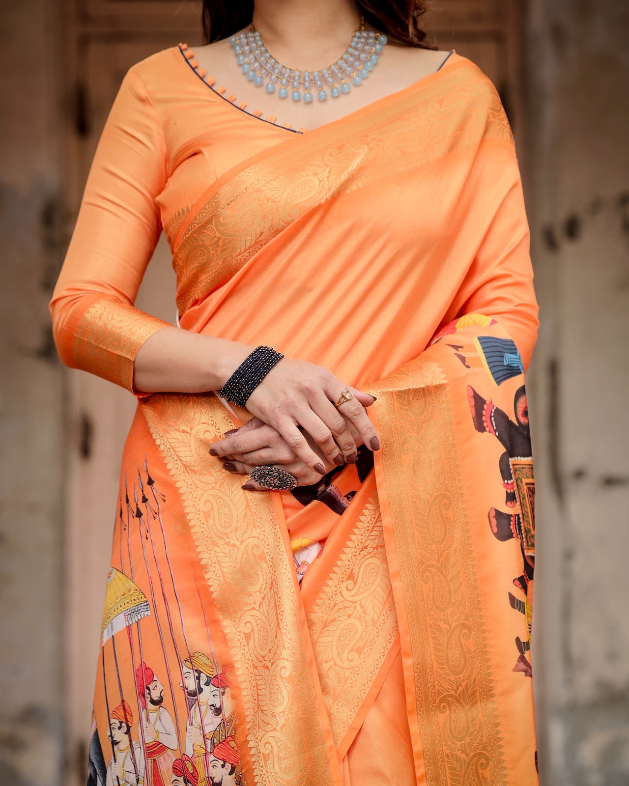 Orange Premium Tussar Silk Bandhani Digital Printed All Over With Zari Border Saree