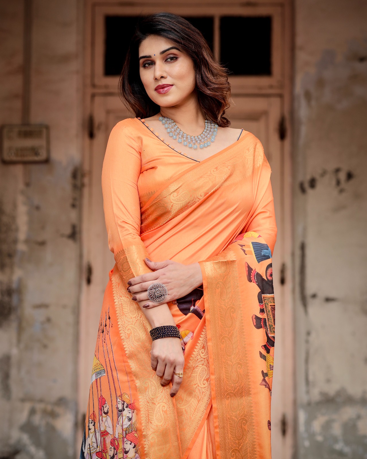Orange Premium Tussar Silk Bandhani Digital Printed All Over With Zari Border Saree
