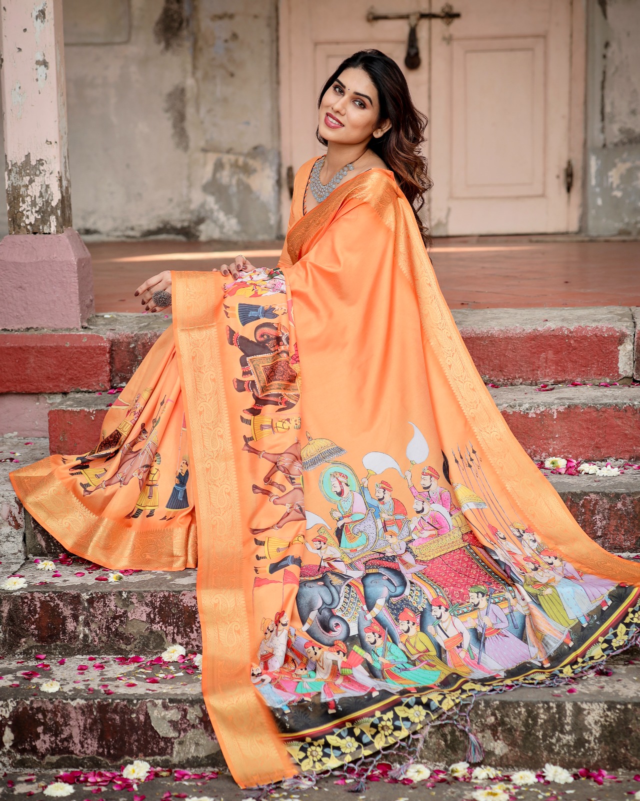 Orange Premium Tussar Silk Bandhani Digital Printed All Over With Zari Border Saree