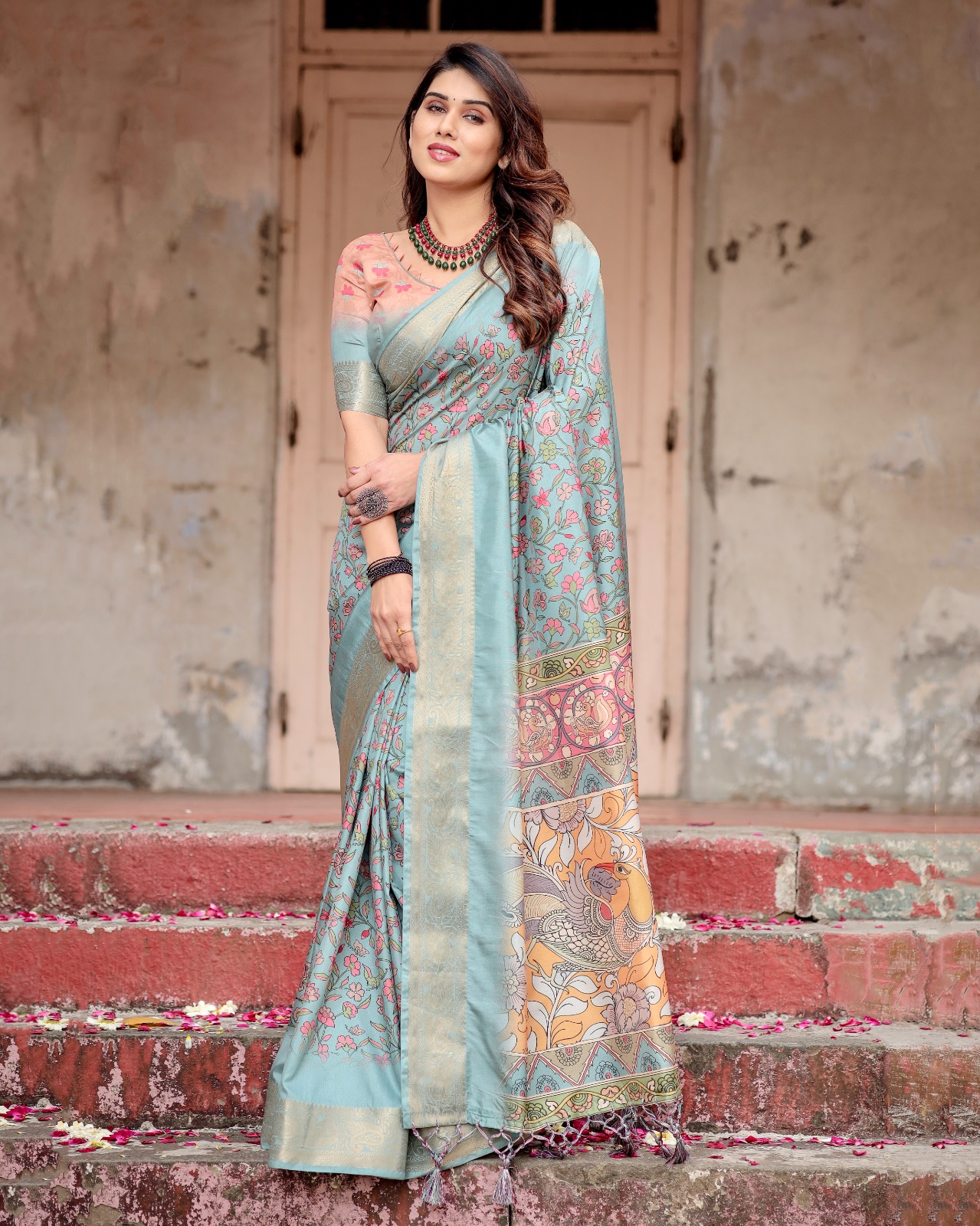 Sky Blue Premium Tussar Silk Bandhani Digital Printed All Over With Zari Border Saree