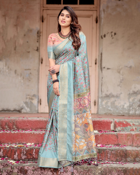 Image of Sky Blue Premium Tussar Silk Bandhani Digital Printed All Over With Zari Border Saree