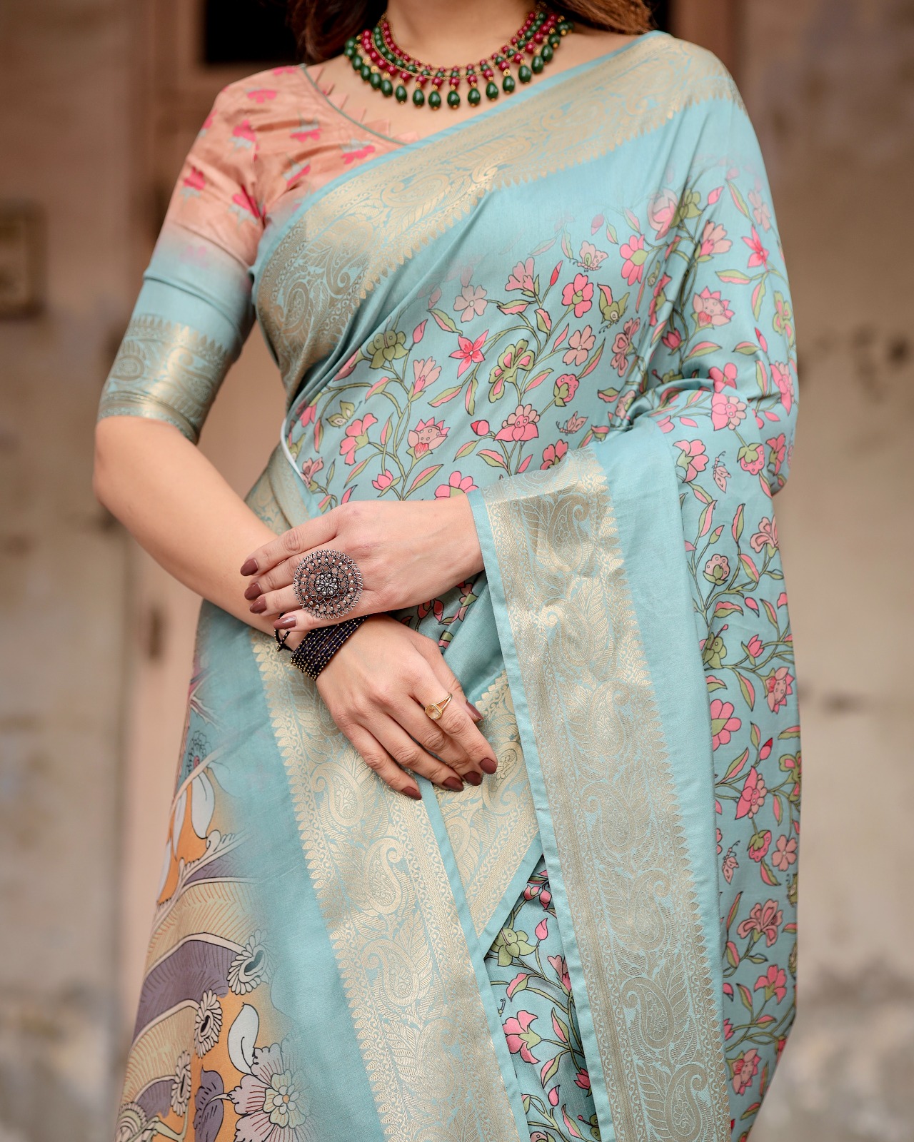 Sky Blue Premium Tussar Silk Bandhani Digital Printed All Over With Zari Border Saree