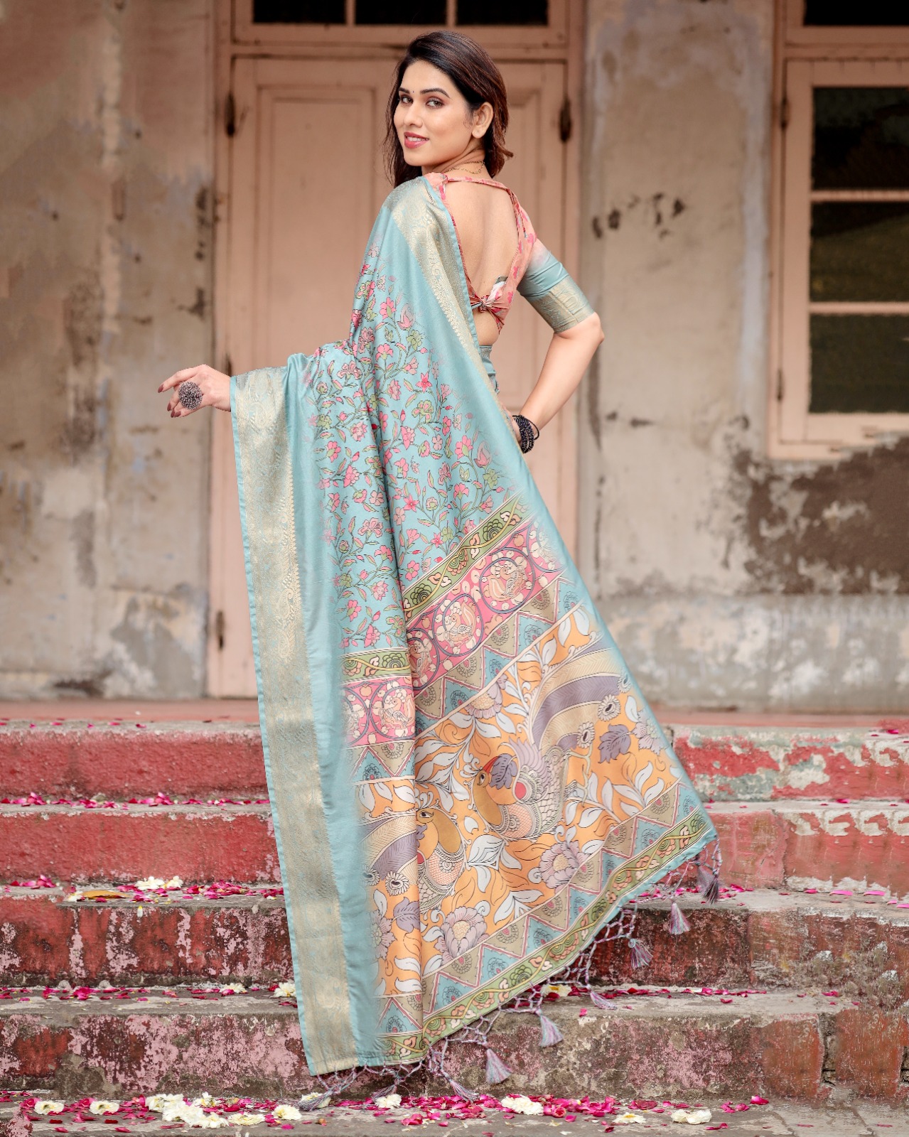 Sky Blue Premium Tussar Silk Bandhani Digital Printed All Over With Zari Border Saree