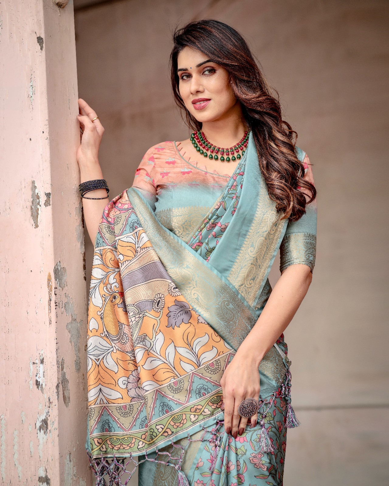 Sky Blue Premium Tussar Silk Bandhani Digital Printed All Over With Zari Border Saree