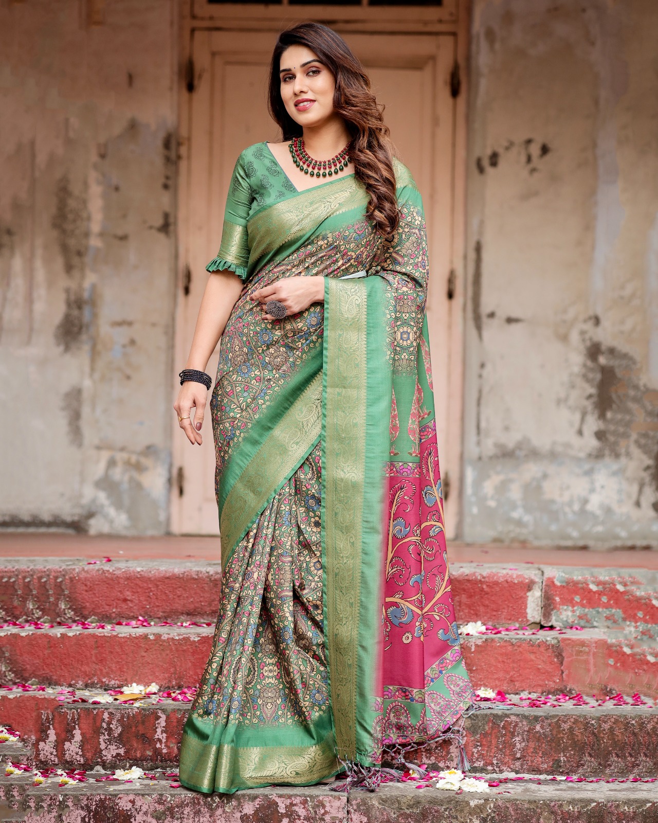 Green Premium Tussar Silk Bandhani Digital Printed All Over With Zari Border Saree