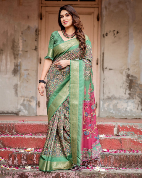 Image of Green Premium Tussar Silk Bandhani Digital Printed All Over With Zari Border Saree
