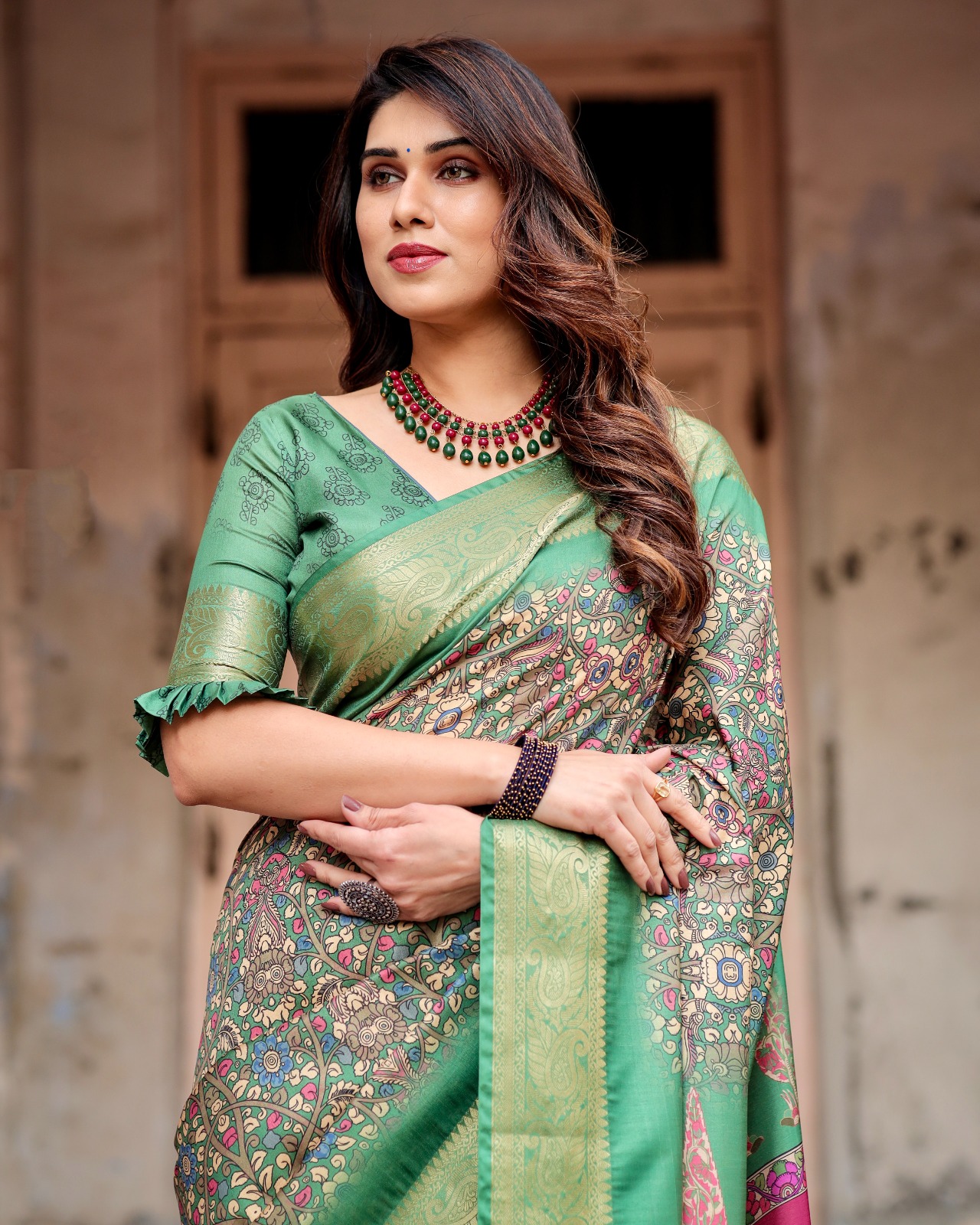 Green Premium Tussar Silk Bandhani Digital Printed All Over With Zari Border Saree