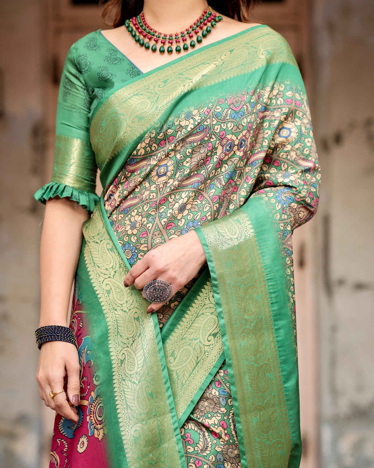 Green Premium Tussar Silk Bandhani Digital Printed All Over With Zari Border Saree