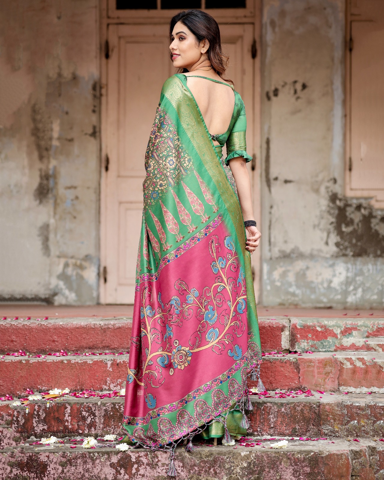 Green Premium Tussar Silk Bandhani Digital Printed All Over With Zari Border Saree