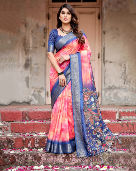 Image of Pink Shaded Premium Tussar Silk Bandhani Digital Printed All Over With Zari Border Saree