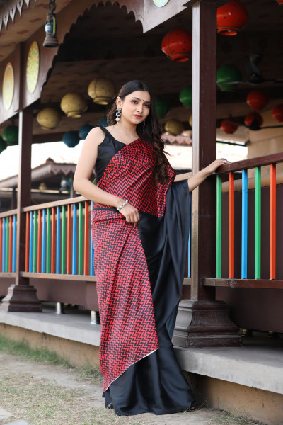 Image of Red Black Japan Satin Silk Digital Printed Saree