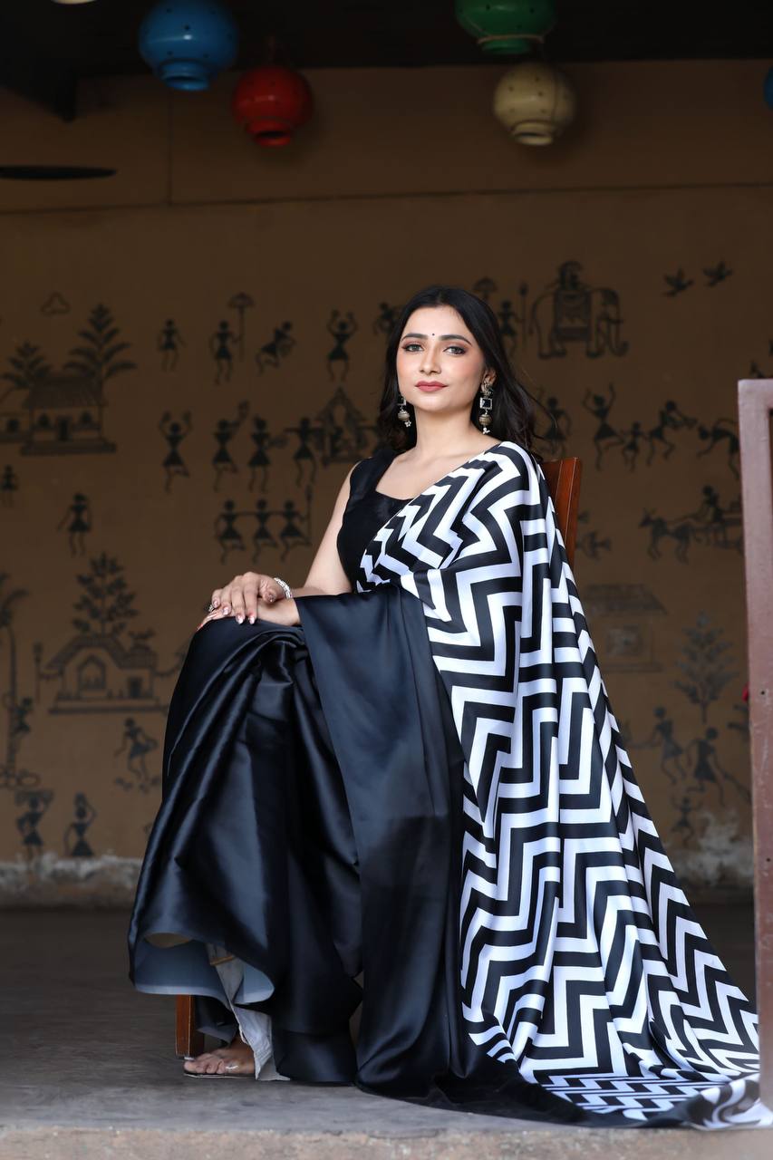 White Black Japan Satin Silk Digital Printed Saree