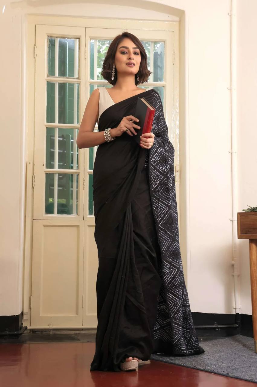 Black Gray Japan Satin Silk Digital Printed Saree