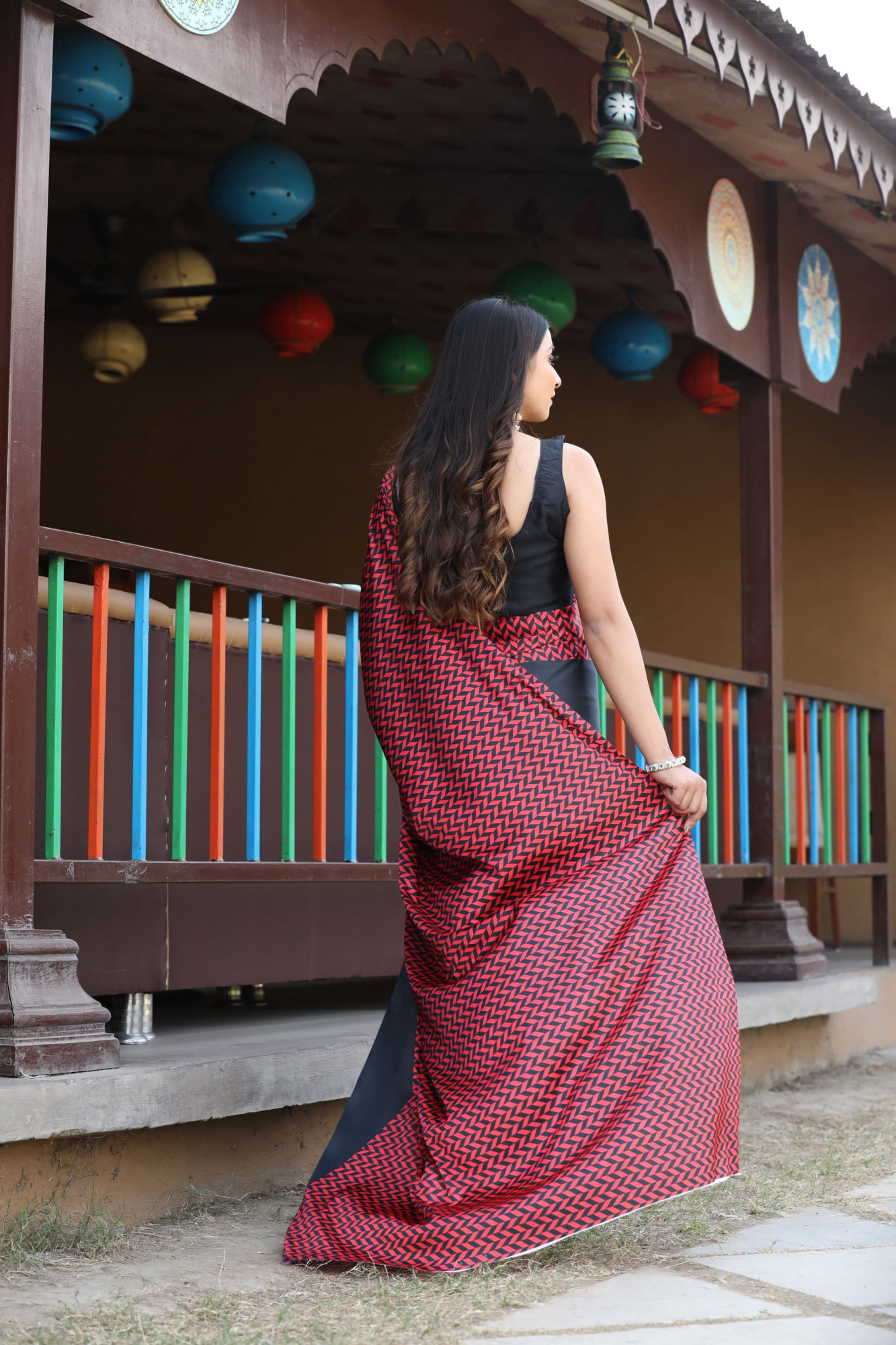 Red Black Japan Satin Silk Digital Printed Saree