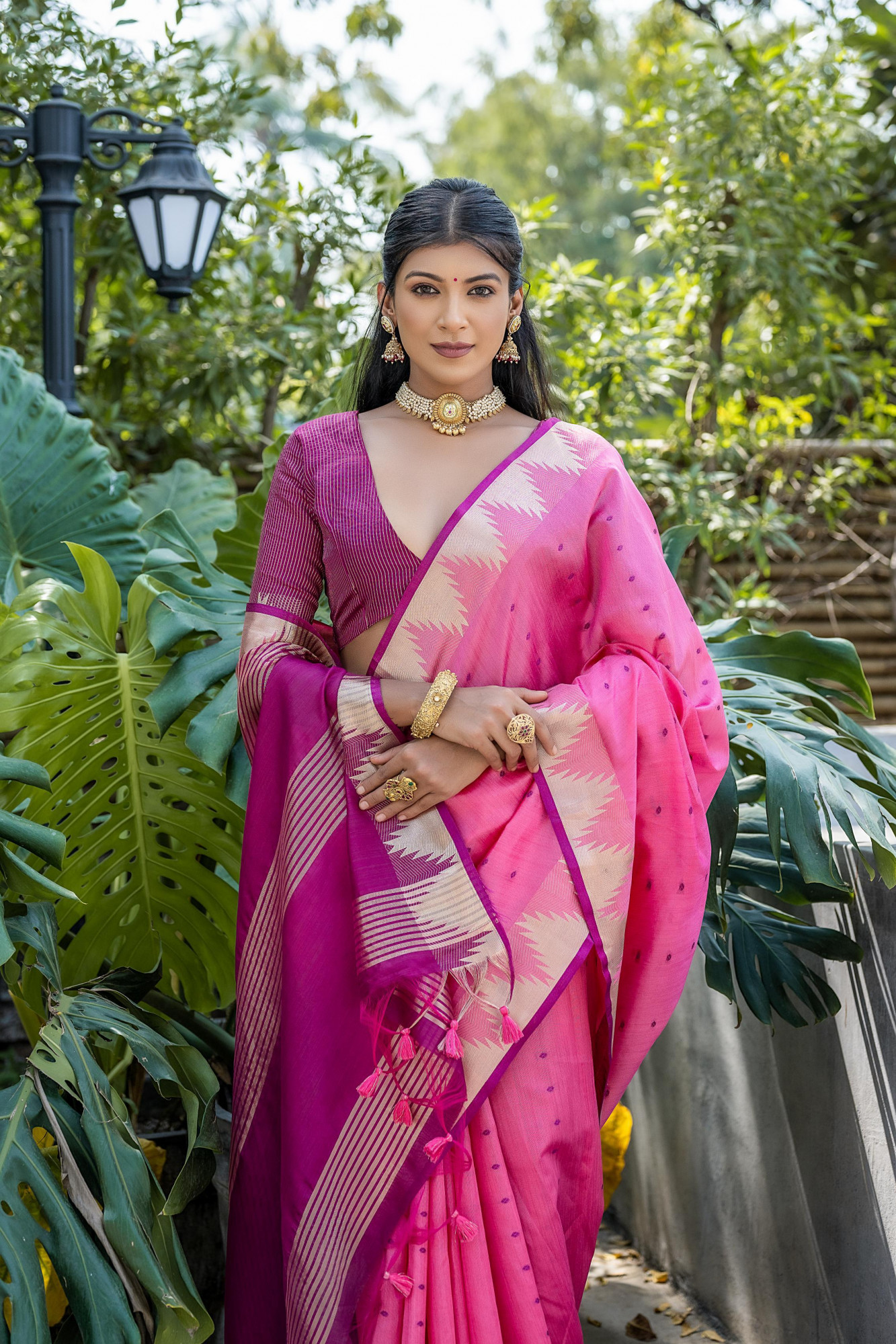 Pink Tussar Silk All Over Zari Booti Weaved Stripes Pallu Temple Border Saree