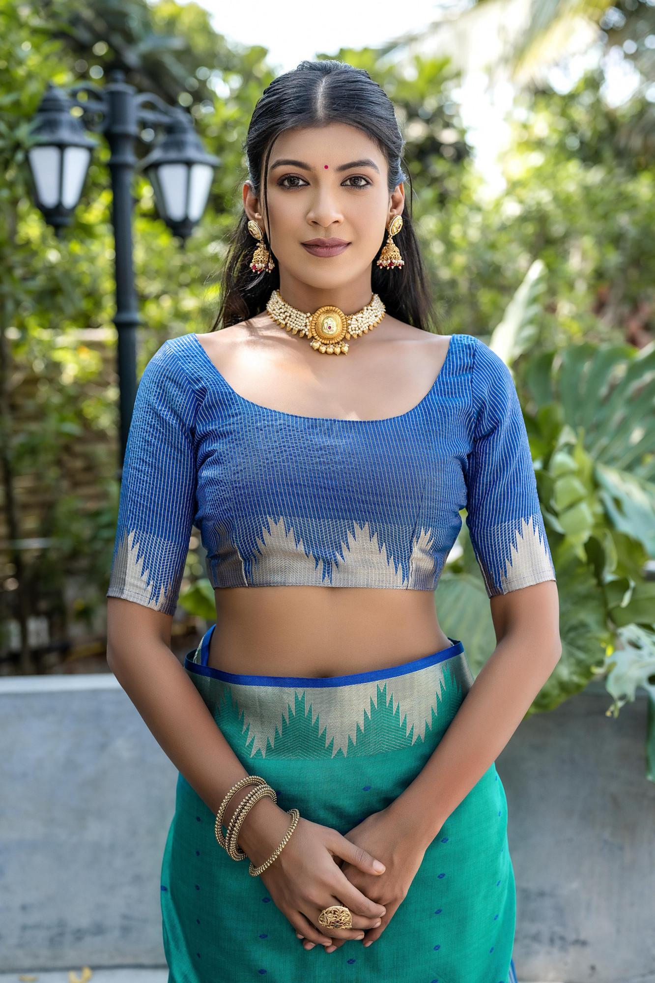 C-Green Tussar Silk All Over Zari Booti Weaved Stripes Pallu Temple Border Saree