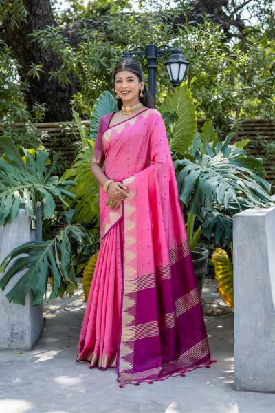 Image of Pink Tussar Silk All Over Zari Booti Weaved Stripes Pallu Temple Border Saree