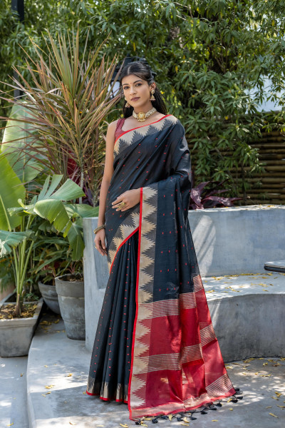 Image of Black Tussar Silk All Over Zari Booti Weaved Stripes Pallu Temple Border Saree