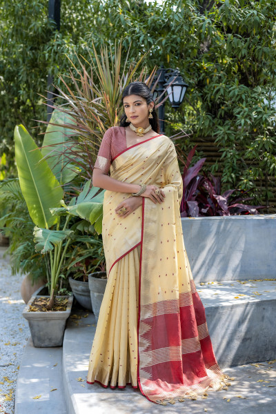 Image of Beige Tussar Silk All Over Zari Booti Weaved Stripes Pallu Temple Border Saree