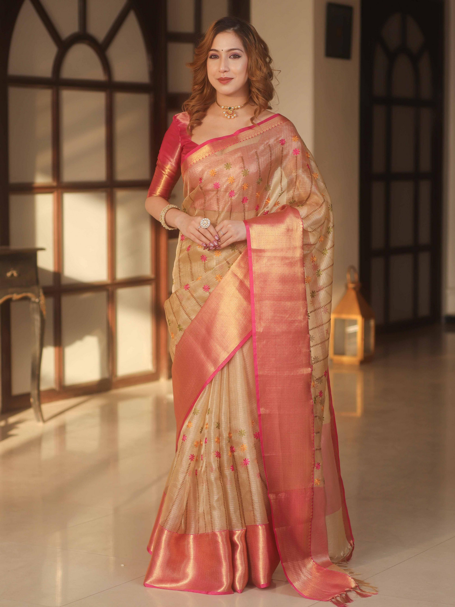 Beige Banarasi Handwoven Pure Tissue Embroidery All Over Zari Border Saree