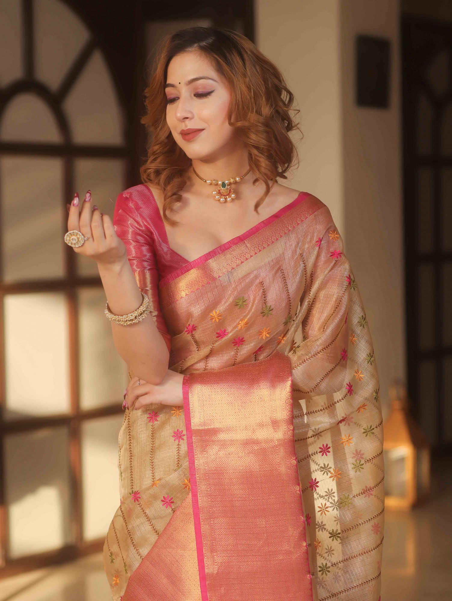 Beige Banarasi Handwoven Pure Tissue Embroidery All Over Zari Border Saree