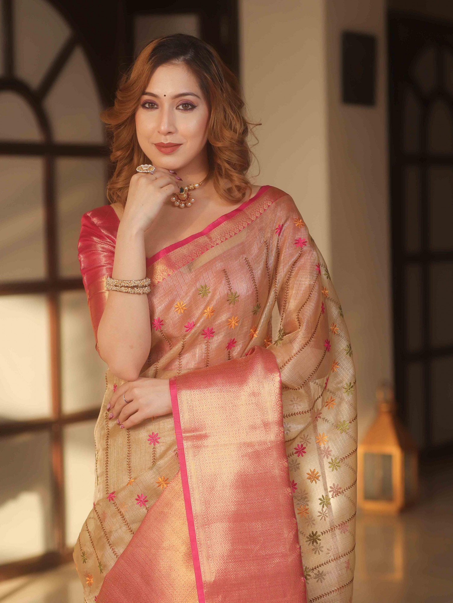 Beige Banarasi Handwoven Pure Tissue Embroidery All Over Zari Border Saree