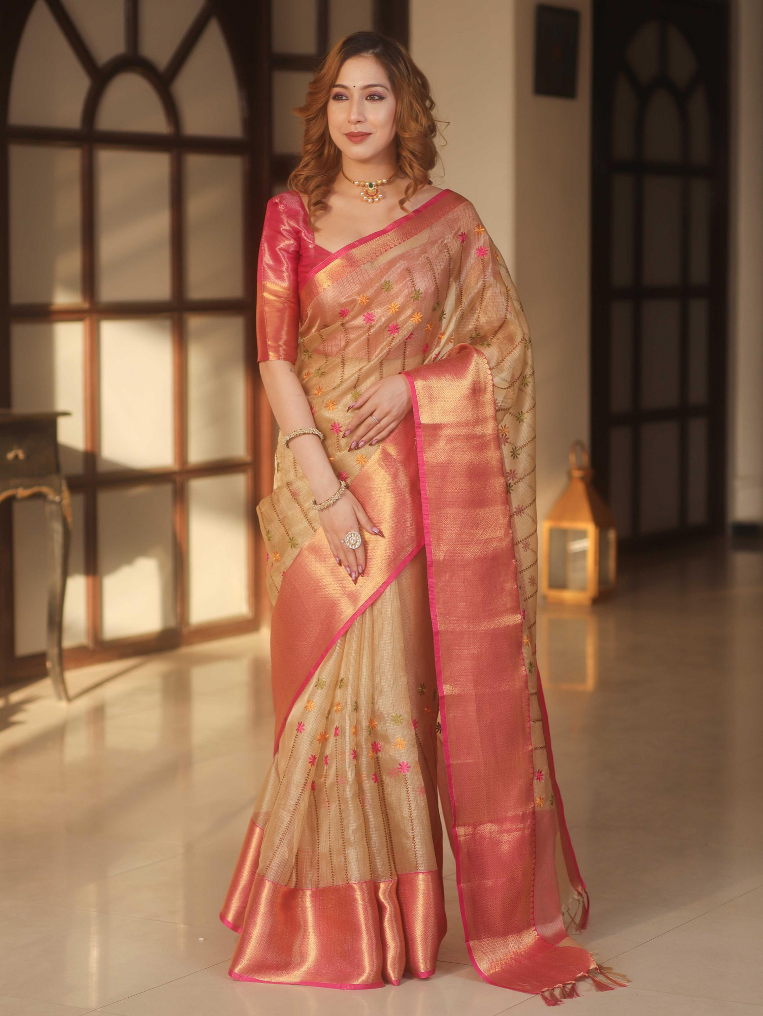 Beige Banarasi Handwoven Pure Tissue Embroidery All Over Zari Border Saree