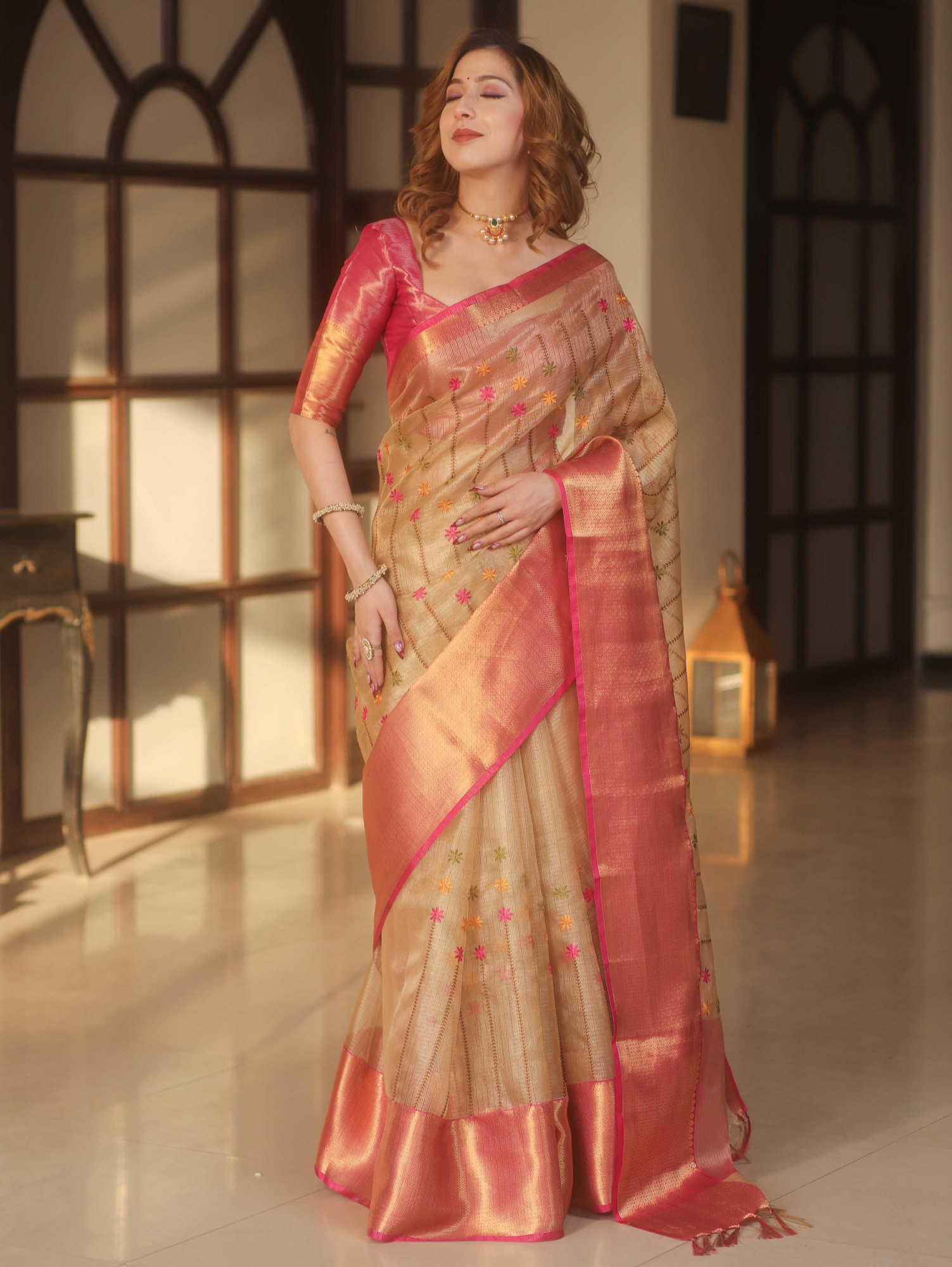 Beige Banarasi Handwoven Pure Tissue Embroidery All Over Zari Border Saree