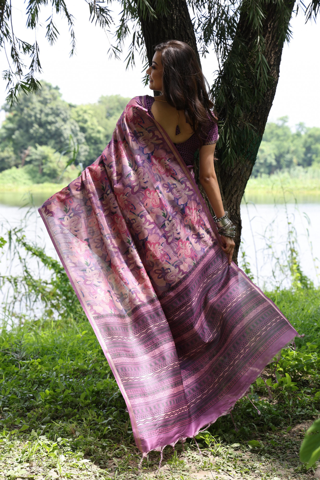 Purple Tussar Silk Rich Hand Printed Body Pallu With Zari Border Saree