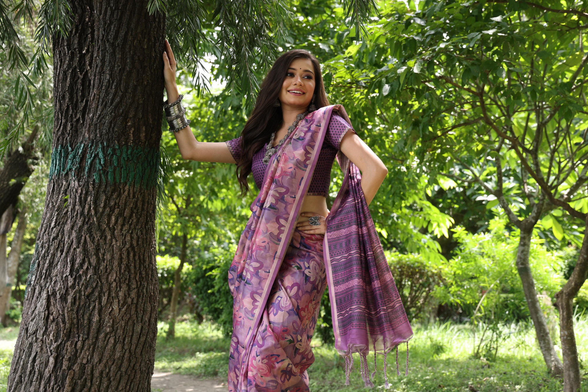 Purple Tussar Silk Rich Hand Printed Body Pallu With Zari Border Saree
