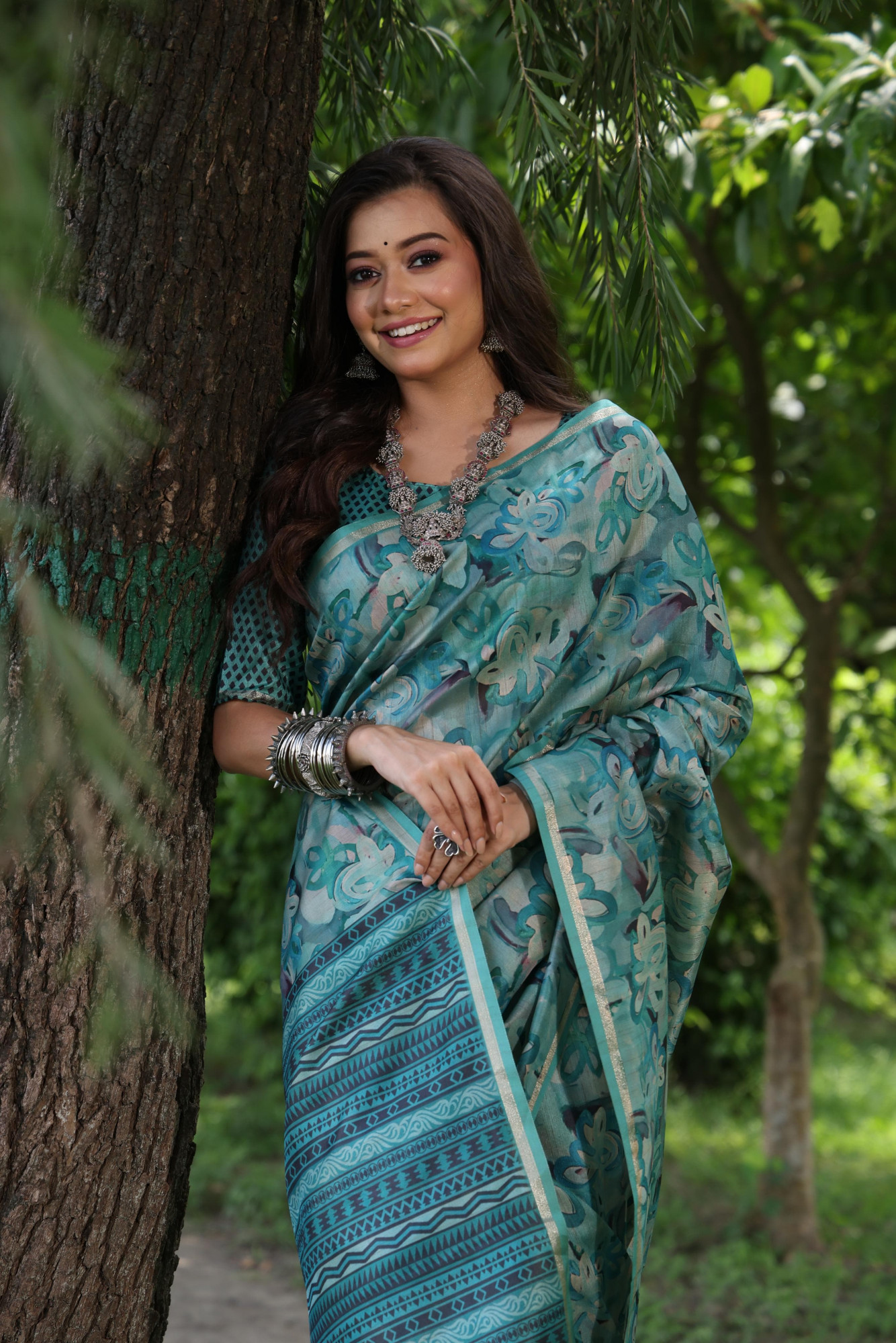 Jade Green Tussar Silk Rich Hand Printed Body Pallu With Zari Border Saree