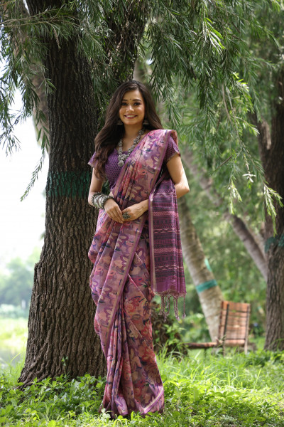 Image of Purple Tussar Silk Rich Hand Printed Body Pallu With Zari Border Saree
