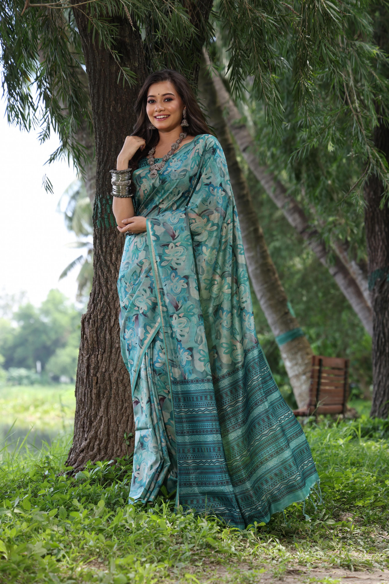 Jade Green Tussar Silk Rich Hand Printed Body Pallu With Zari Border Saree