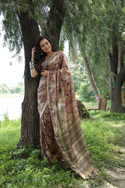 Image of Light Coffee Tussar Silk Rich Hand Printed Body Pallu With Zari Border Saree