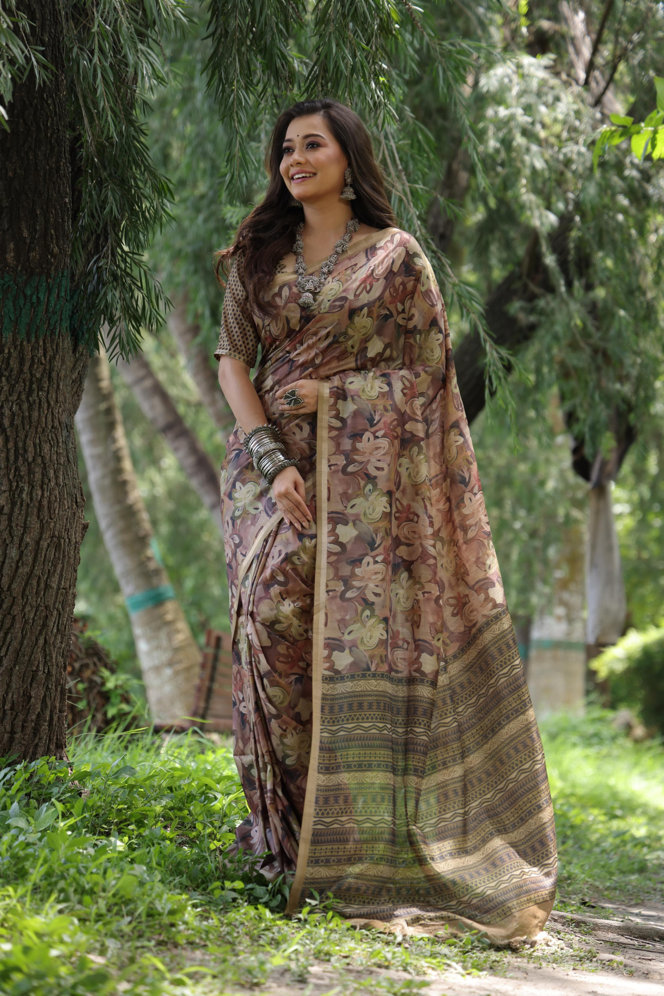 Light Coffee Tussar Silk Rich Hand Printed Body Pallu With Zari Border Saree
